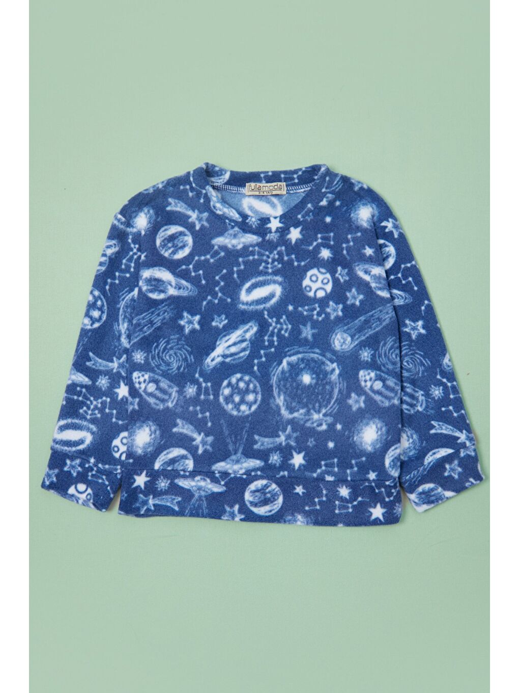 Mavi Ev Desenli Polar Unisex Çocuk Pijama Takımı-1