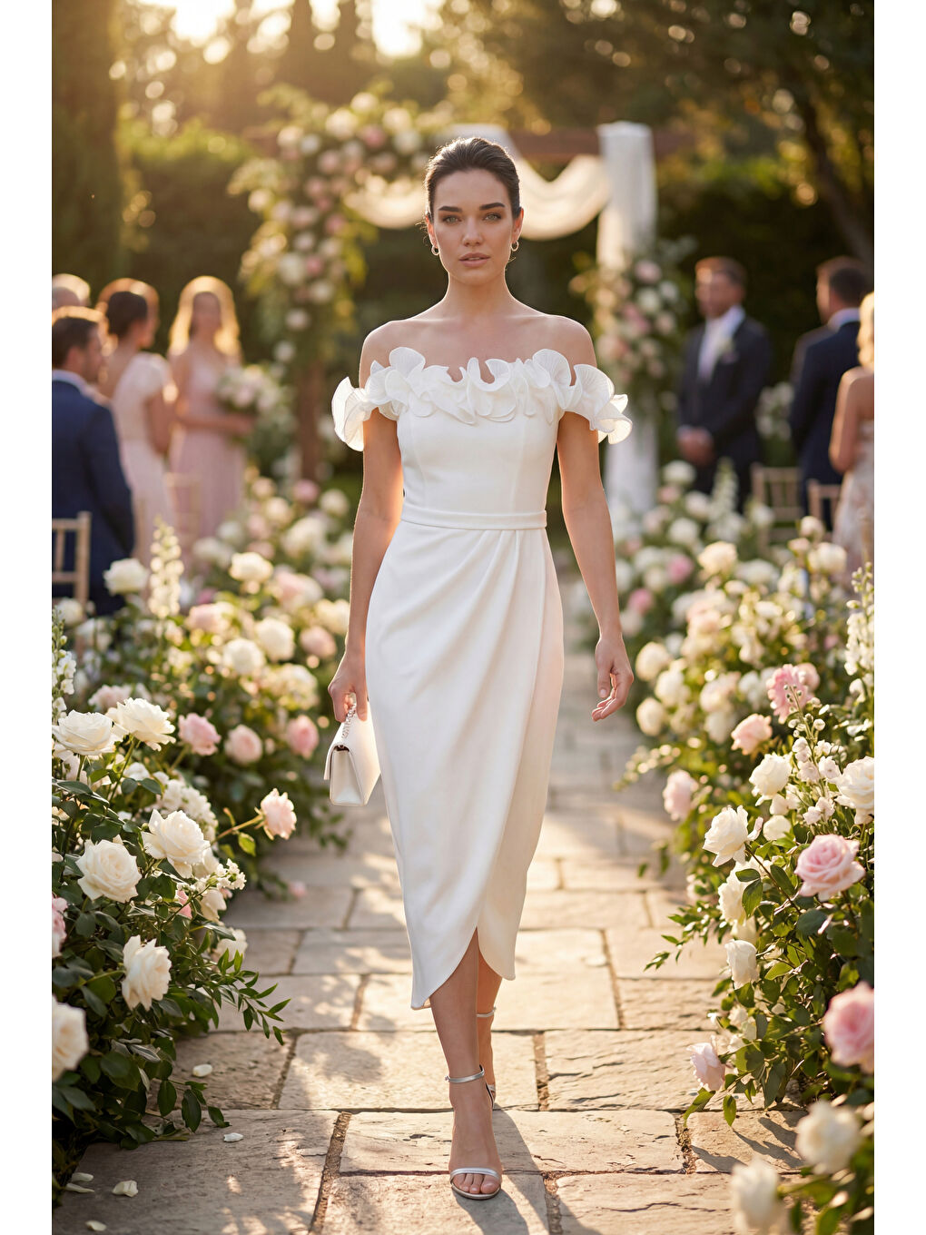 Kadın Beyaz Kayık Yaka Volan Detay Söz nişan Nikah Abiye Elbise-4