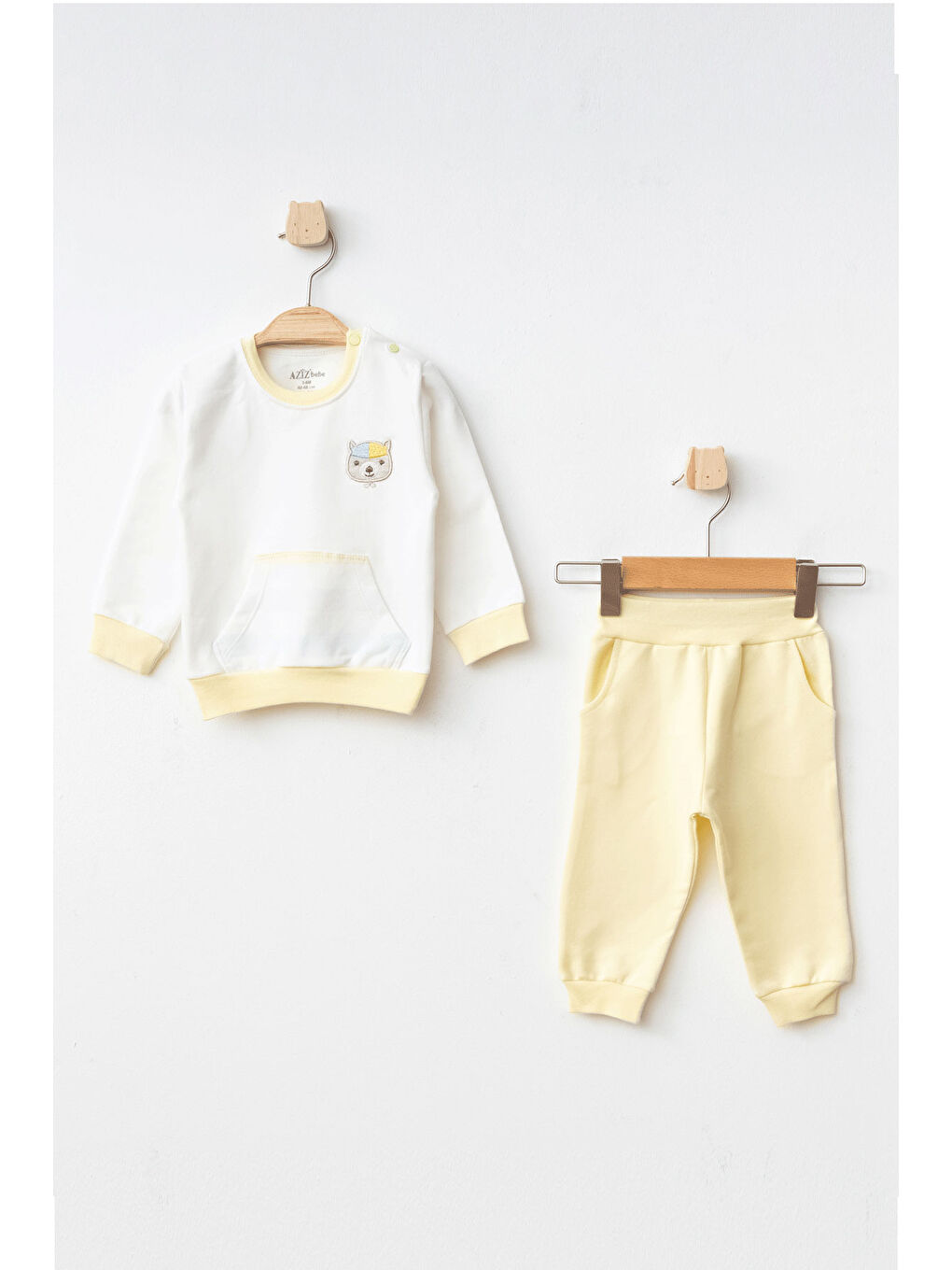 Sarı Erkek Bebek Ayı Nakışlı Sweatshirt Pantolon 2 'li Alt Üst Bebek Takımı 3 Ay - 36 Ay