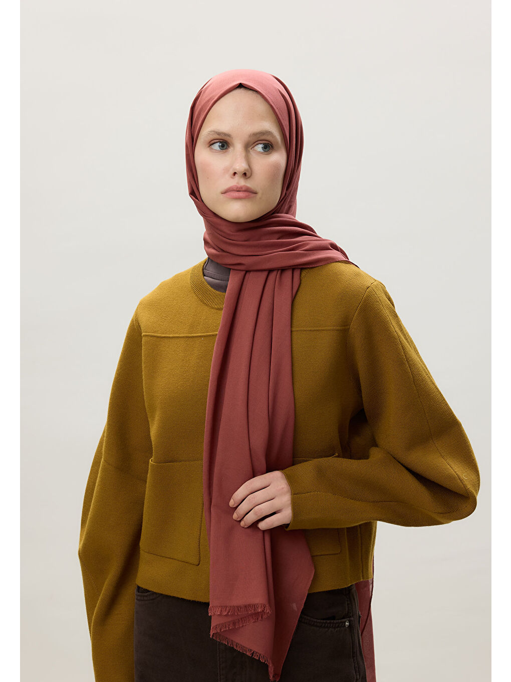 Kahverengi İnce Pamuk Vual Şal Ruby-4