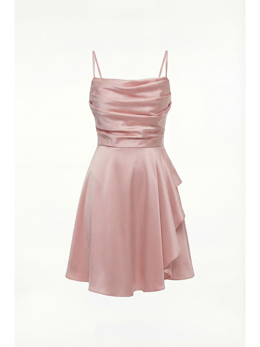 Pembe Kadın Pudra Volanlı Yırtmaçlı Kısa Saten Abiye & Mezuniyet Elbisesi-5