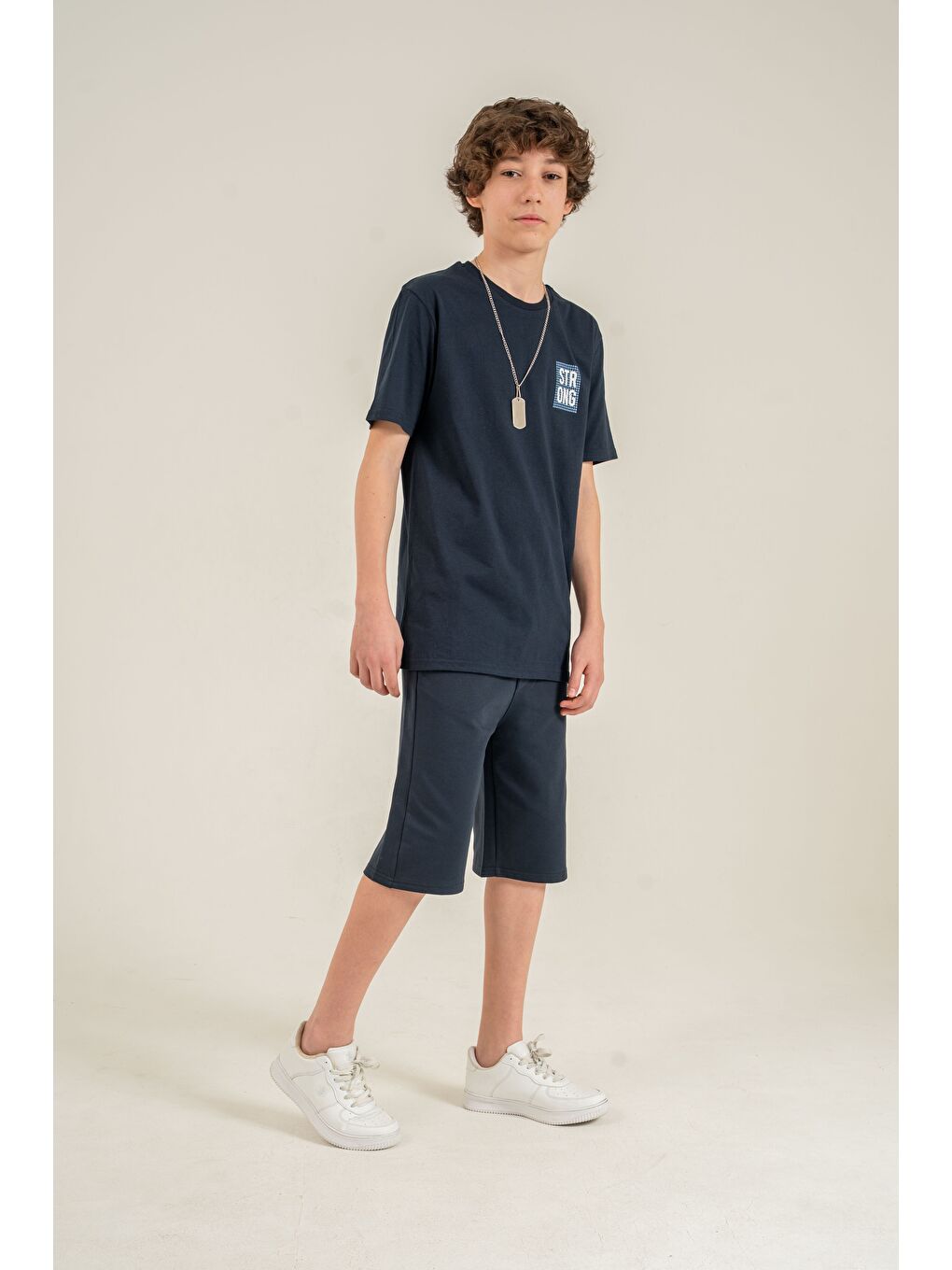 Lacivert Strong Baskılı Kolyeli Erkek Çocuk Şort - Tişört Takımı-2