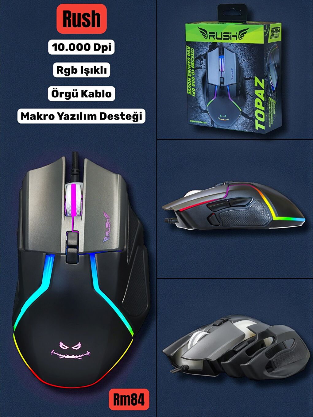 Rush TOPAZ RM84 10.000 DPI RGB 6D Makro Pro Gaming Oyuncu Mouse