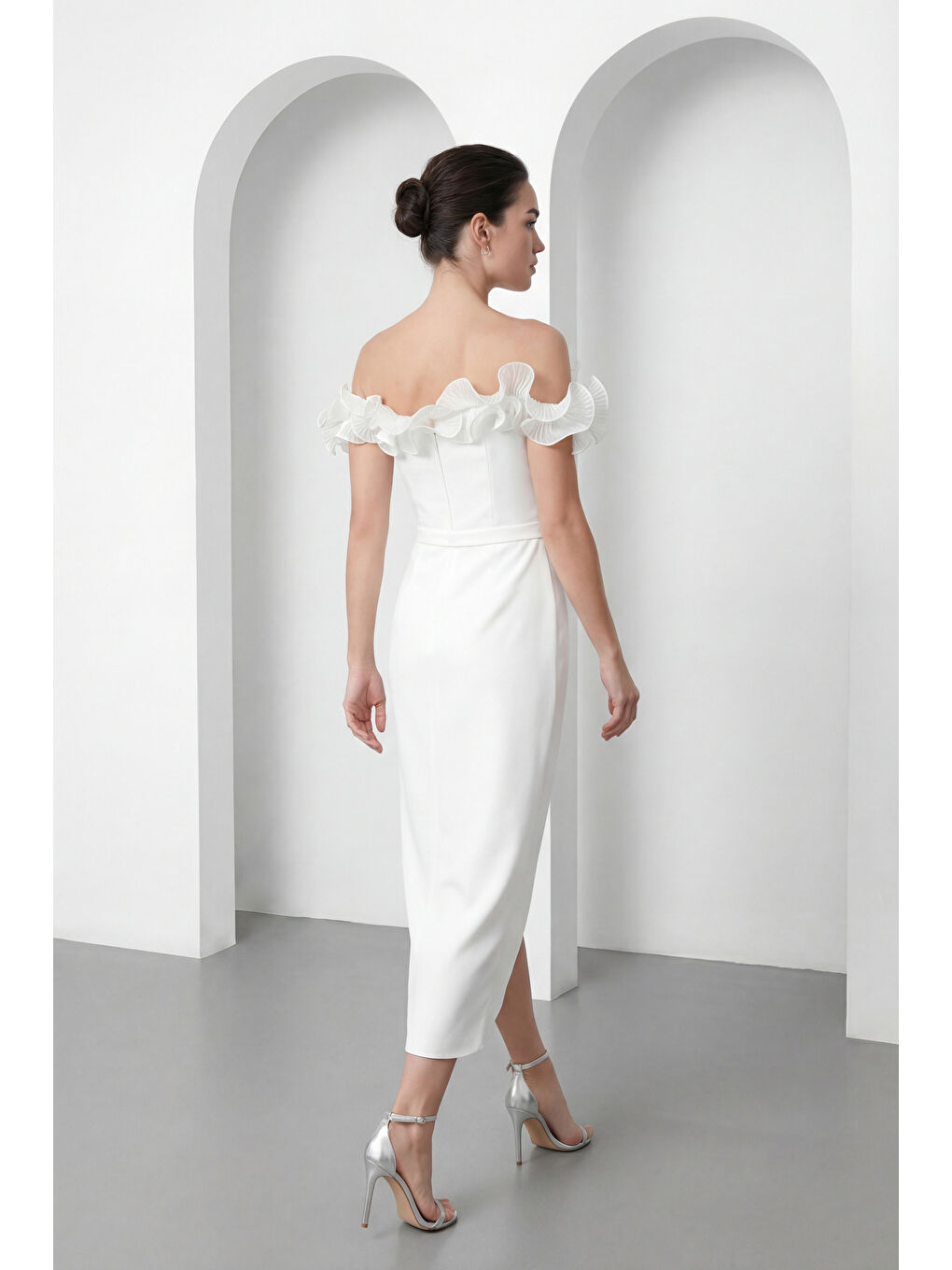 Kadın Beyaz Kayık Yaka Volan Detay Söz nişan Nikah Abiye Elbise-5