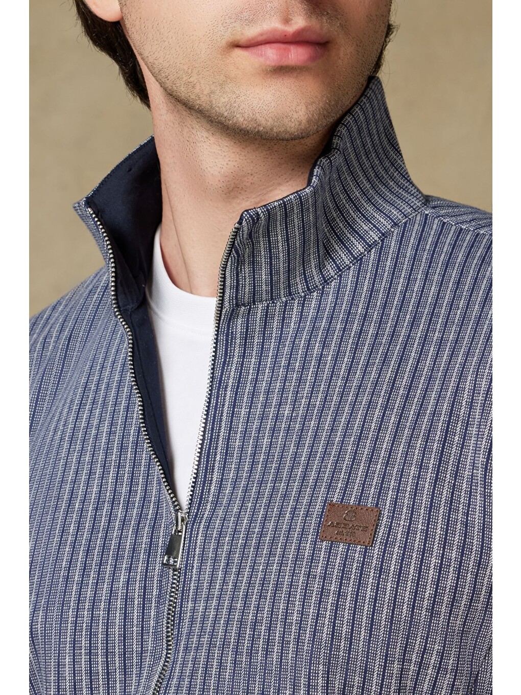 Edon Örme Kumaş Pamuklu Modern Fit Lacivert Dik Yaka Erkek Çizgili Sweatshirt-1