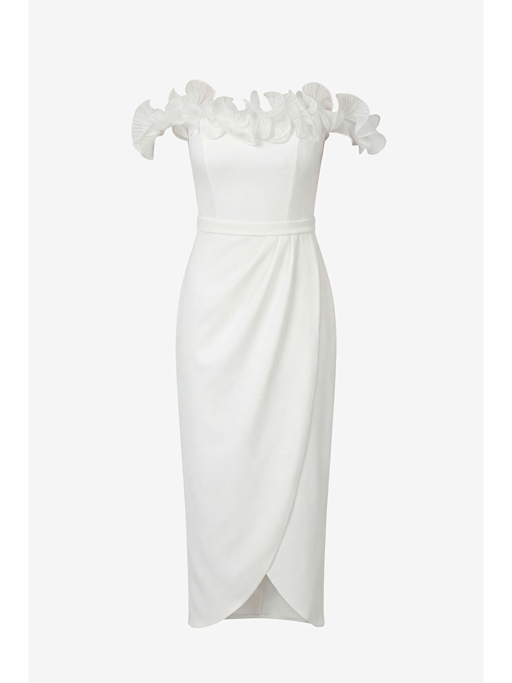 Kadın Beyaz Kayık Yaka Volan Detay Söz nişan Nikah Abiye Elbise-6