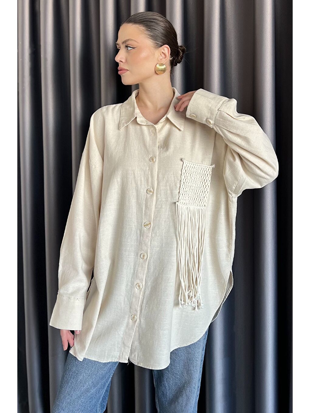 Bej Kadın Nakışlı Oversize Gömlek-1