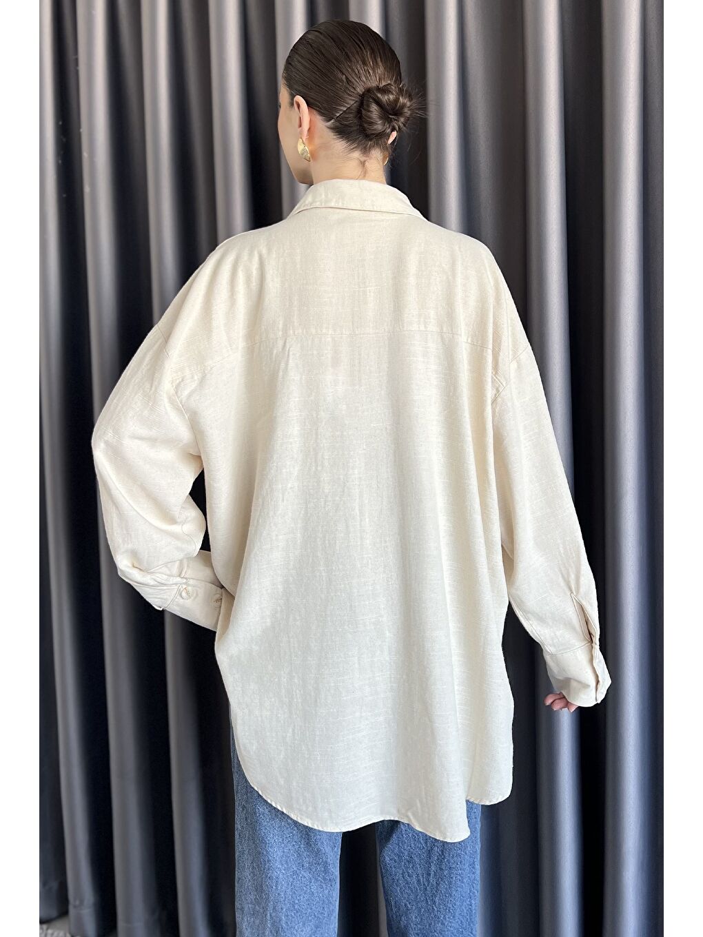 Bej Kadın Nakışlı Oversize Gömlek-2