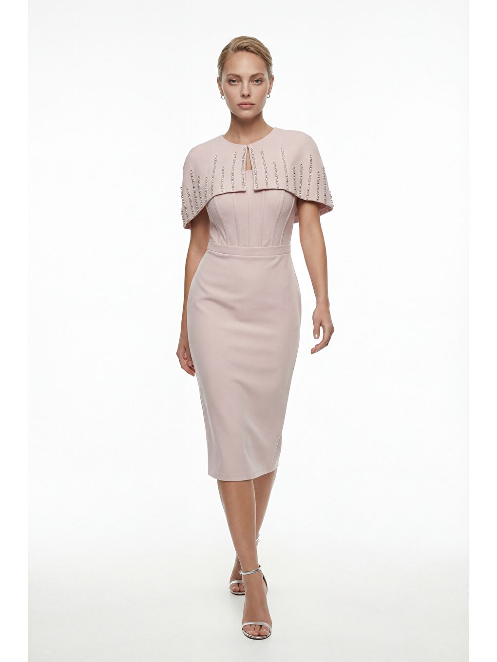 Pembe Kadın Pudra Dar Kalıp Ceketli Taşlı Midi Söz Nişan Nikah Abiye Elbise-1