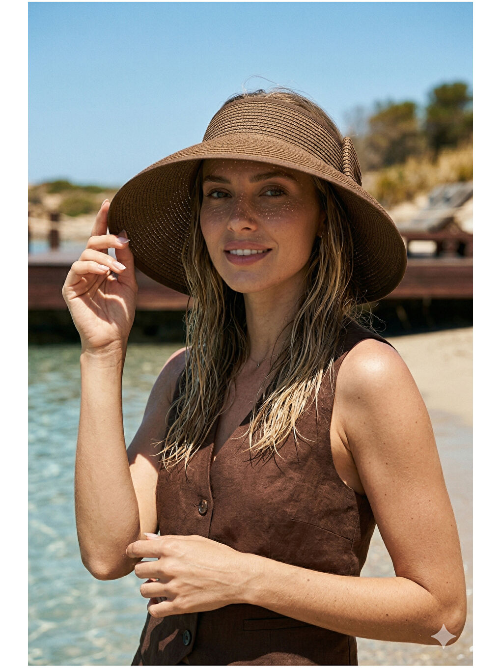 Kahverengi Güneş Koruyucu Kurdeleli Katlanabilir Hasır Vizör Şapka Hsr2080 KAHVERENGI