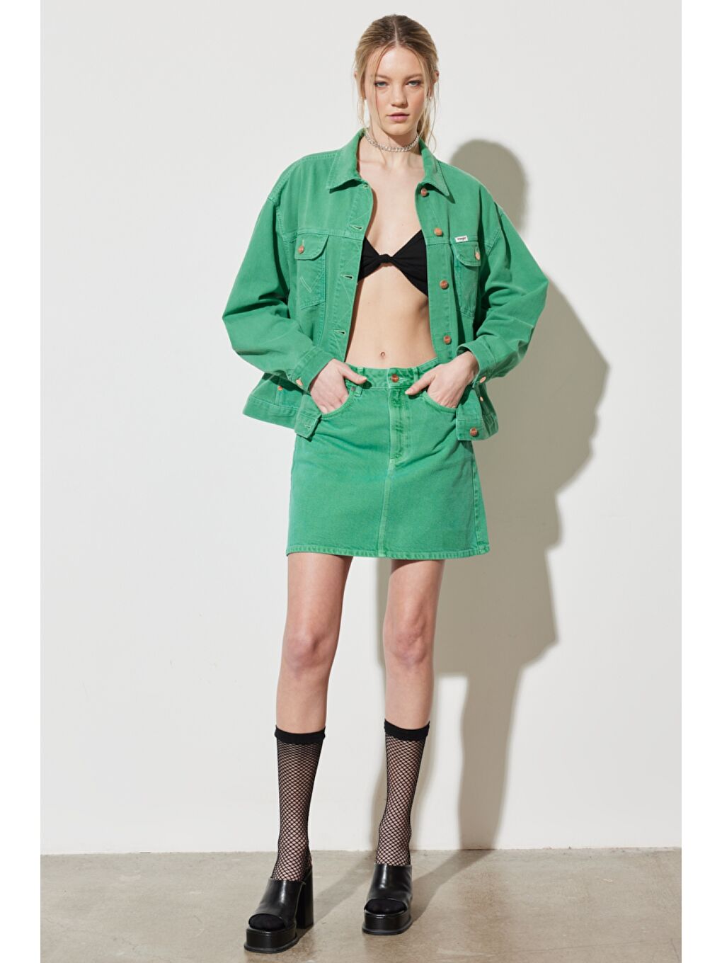 Regular Fit Normal Kesim %100 Pamuk Yüksek Bel Açık Yeşil Etek-3