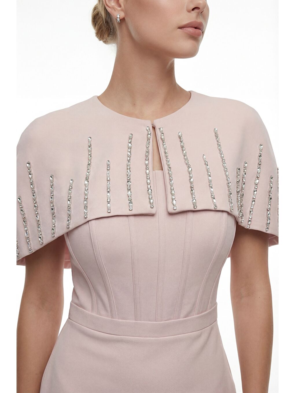 Pembe Kadın Pudra Dar Kalıp Ceketli Taşlı Midi Söz Nişan Nikah Abiye Elbise-2