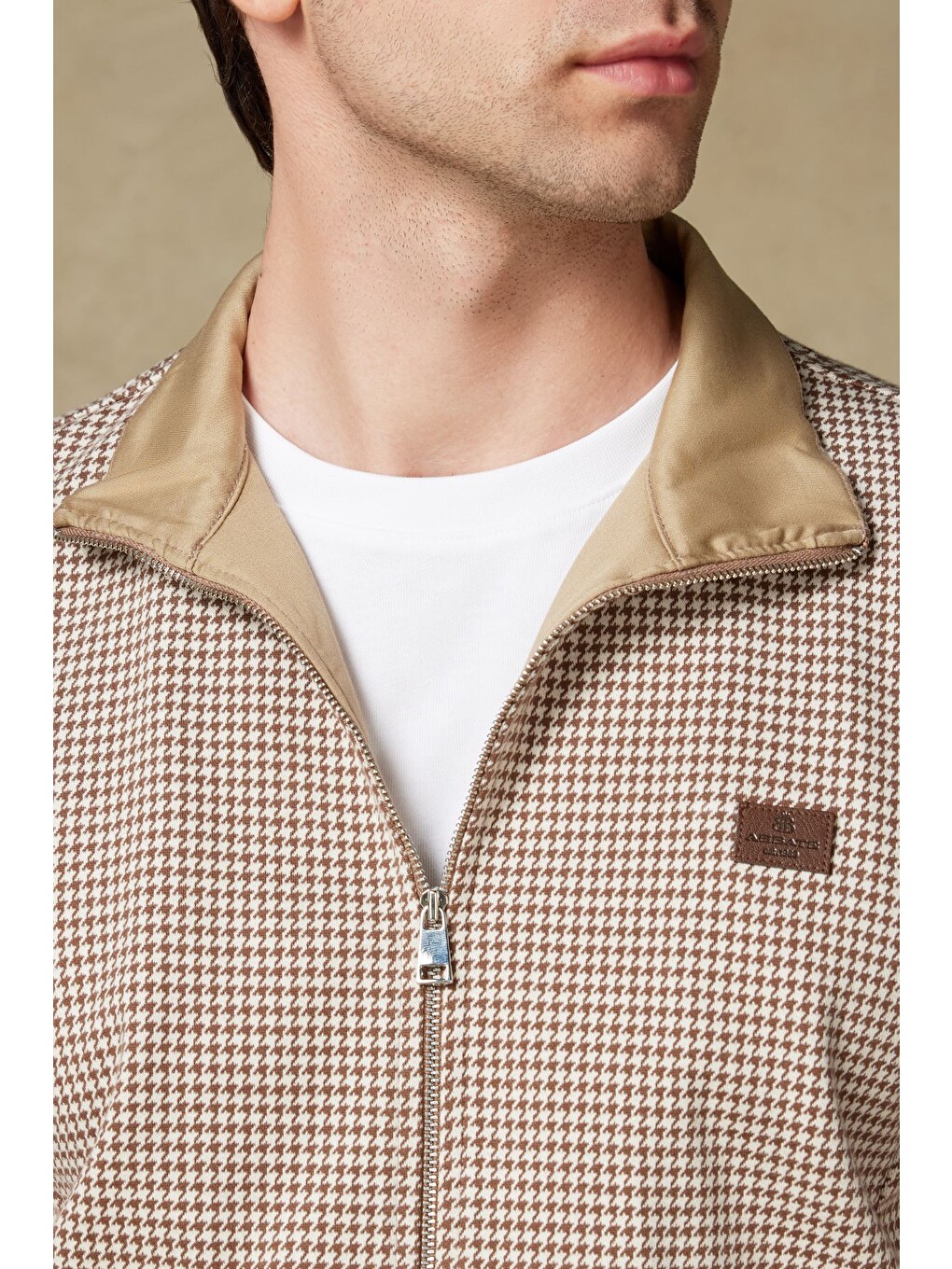 Edon Örme Kumaş Pamuklu Modern Fit Kahverengi Dik Yaka Erkek Desenli Sweatshirt-1