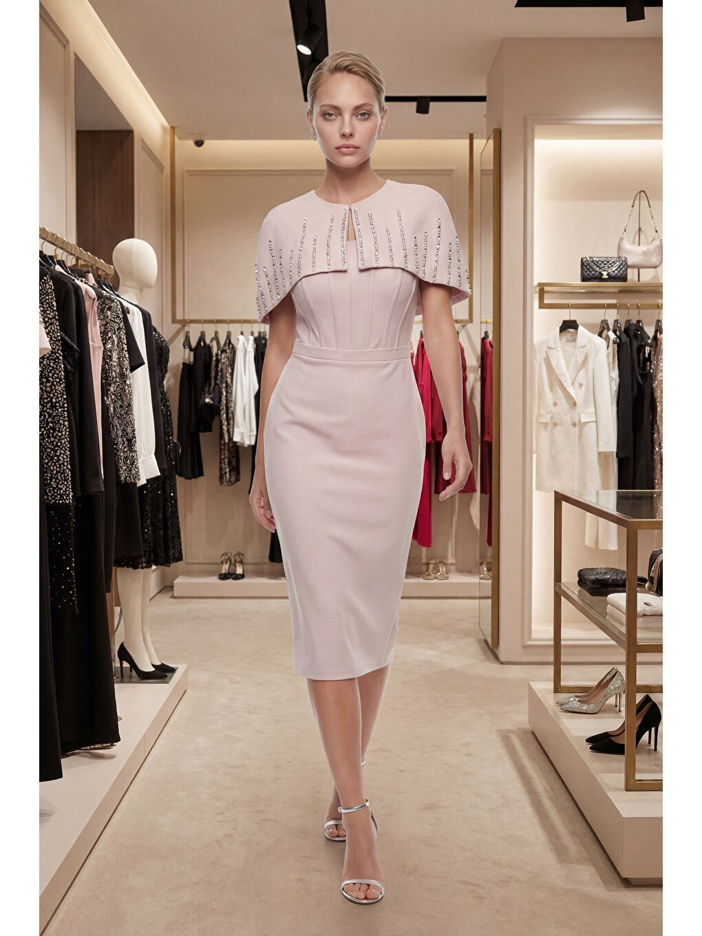 Pembe Kadın Pudra Dar Kalıp Ceketli Taşlı Midi Söz Nişan Nikah Abiye Elbise-4