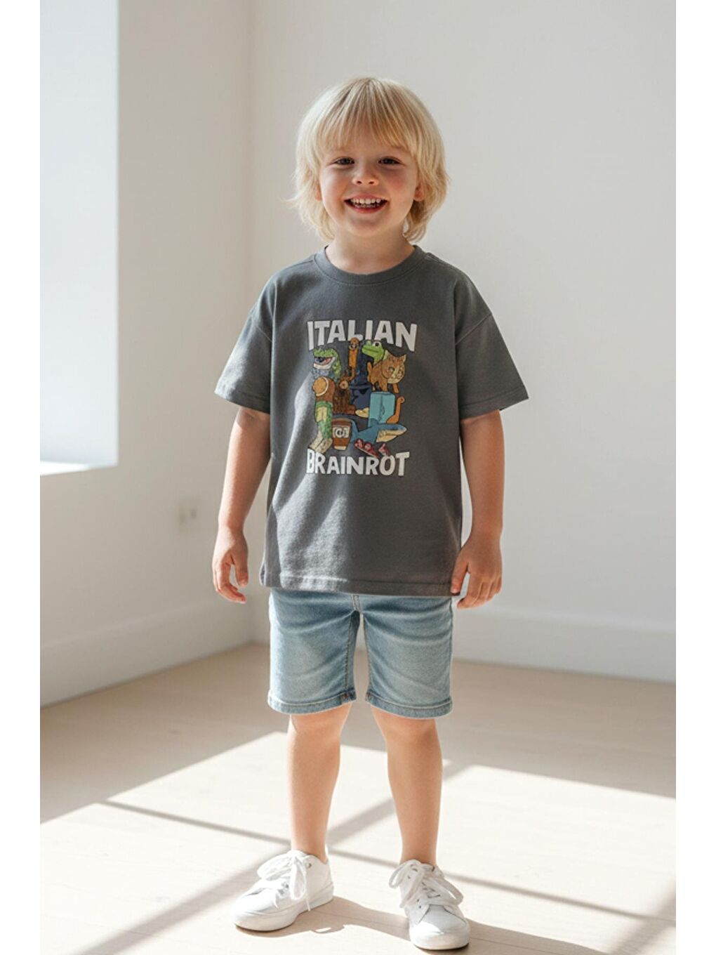 Antrasit Erkek Çocuk Bisiklet Yaka Baskılı Tshirt