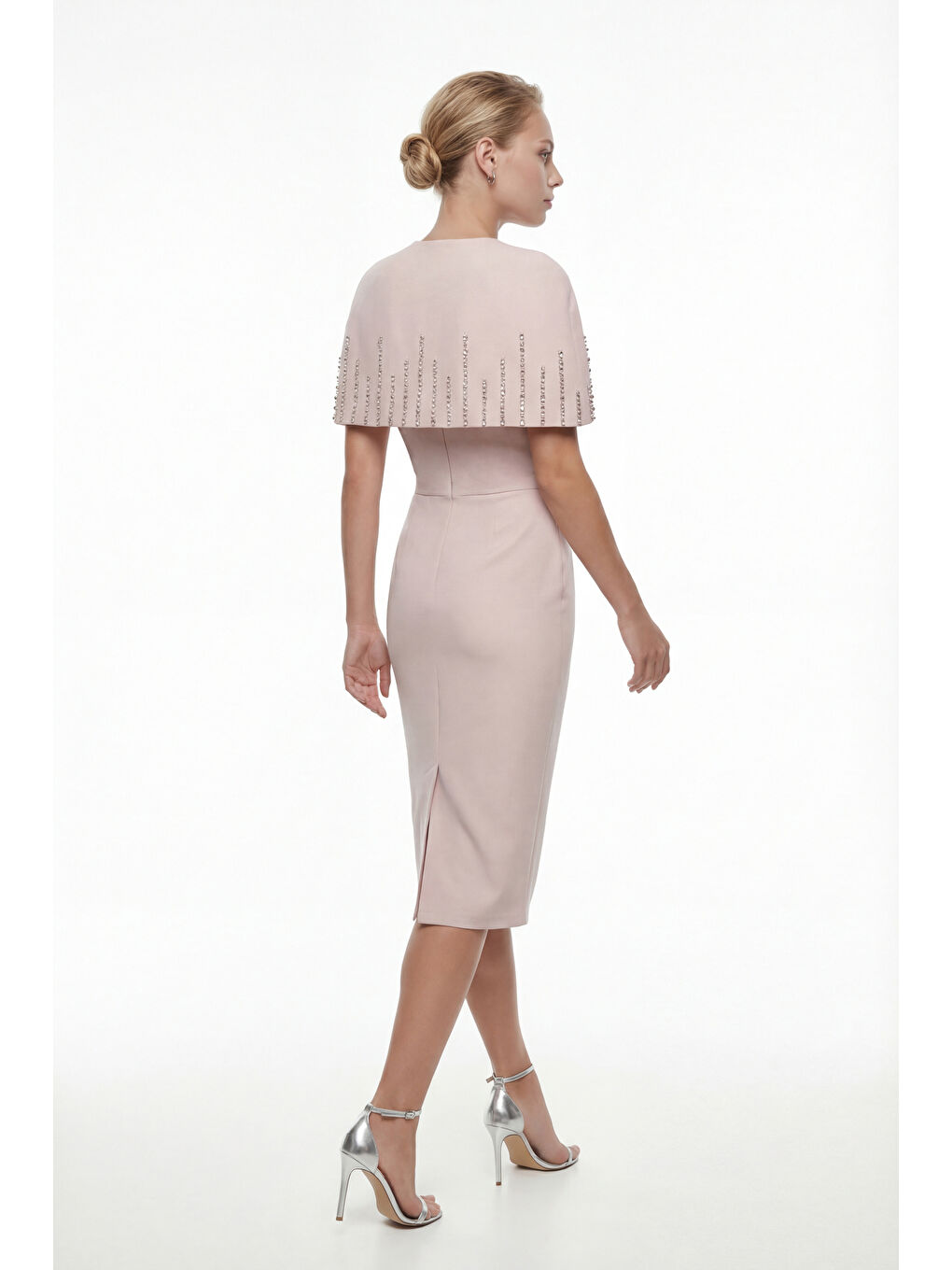 Pembe Kadın Pudra Dar Kalıp Ceketli Taşlı Midi Söz Nişan Nikah Abiye Elbise-5