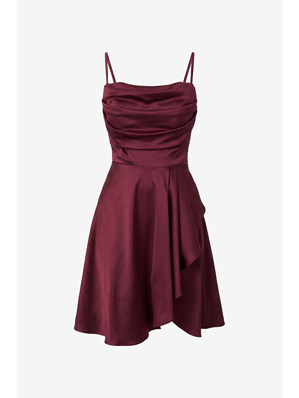 Kadın Bordo Volanlı Yırtmaçlı Kısa Saten Abiye & Mezuniyet Elbisesi-6