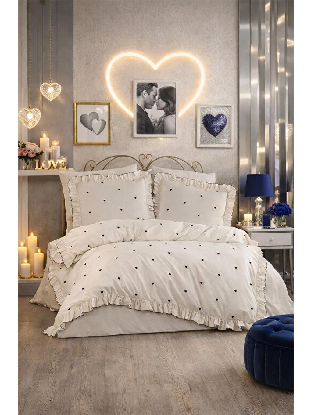 Valentine Love Nakışlı 6 Parça Nevresim Takımı Lacivert