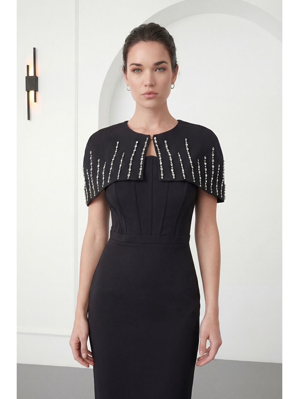 Kadın Siyah Dar Kalıp Ceketli Taşlı Midi Söz Nişan Nikah Abiye Elbise-2