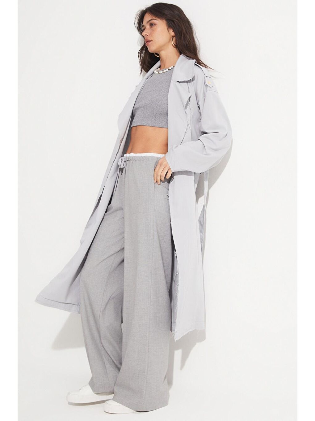Gri Bağlama Detaylu Trençkot-2