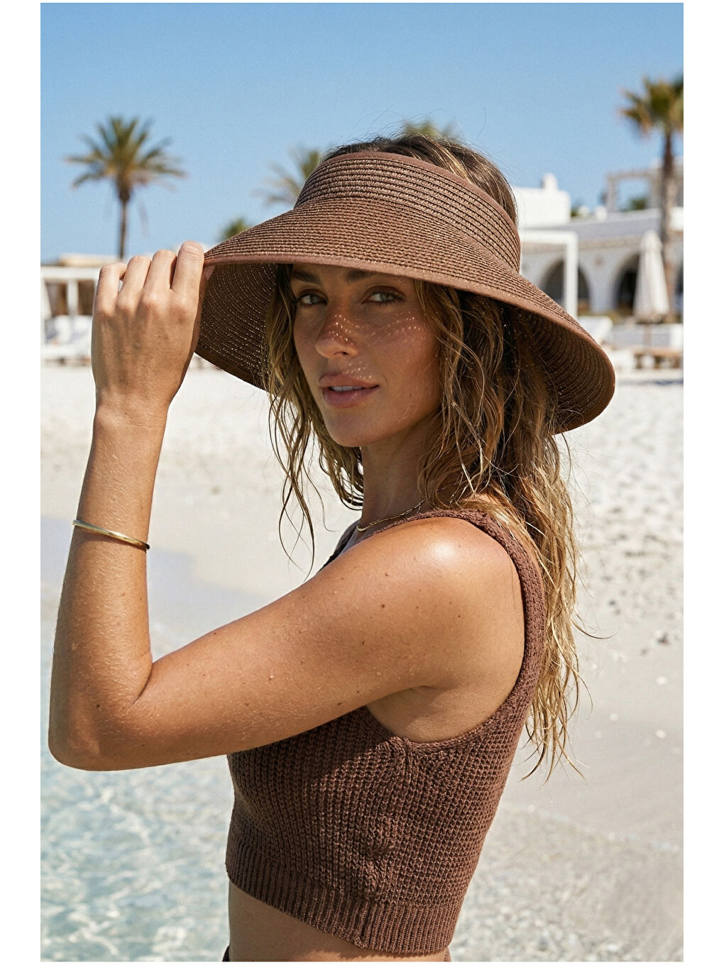 Kahverengi Güneş Koruyucu Kurdeleli Katlanabilir Hasır Vizör Şapka Hsr2080 KAHVERENGI-2