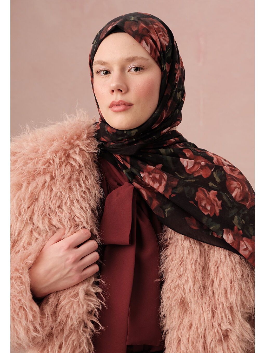 Wıld Rose Desen Vual Şal Kırmızı-1