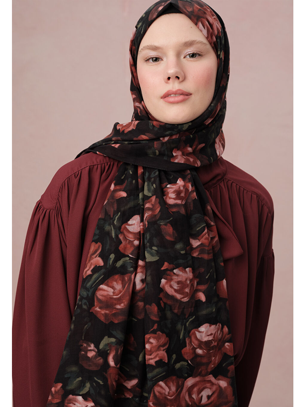 Wıld Rose Desen Vual Şal Kırmızı-3