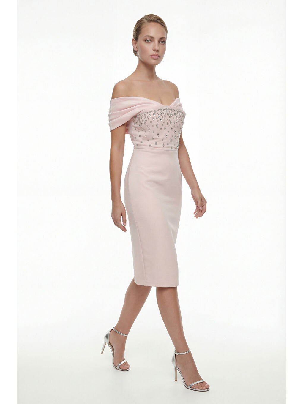 Pembe Kadın Pudra Kayık Yaka Taşlı Midi Söz Nişan Nikah Abiye Elbise-1
