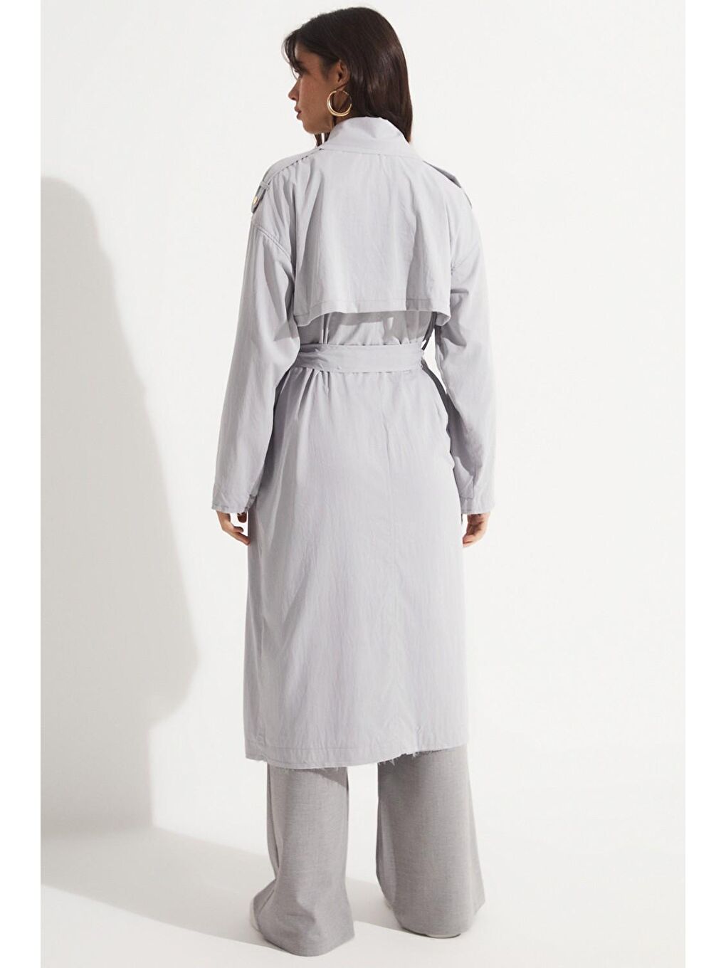 Gri Bağlama Detaylu Trençkot-4