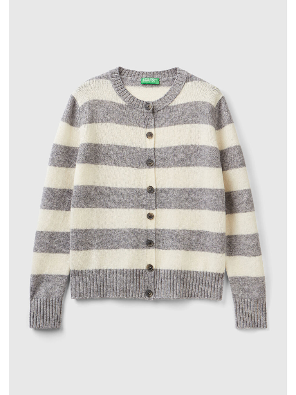 Kadın Gri Melanj %100 Yün Çizgili Shetland Hırka-1