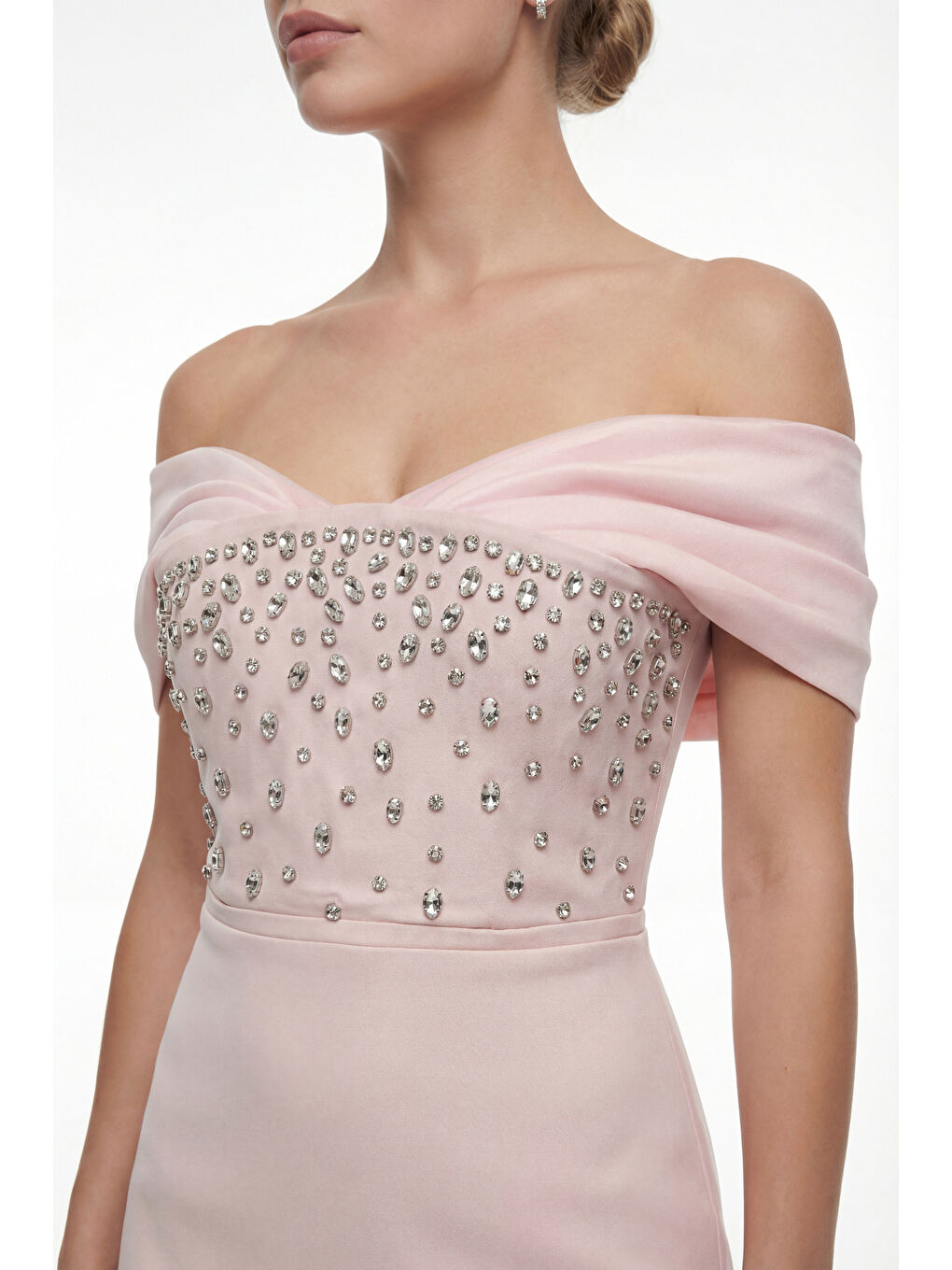 Pembe Kadın Pudra Kayık Yaka Taşlı Midi Söz Nişan Nikah Abiye Elbise-2