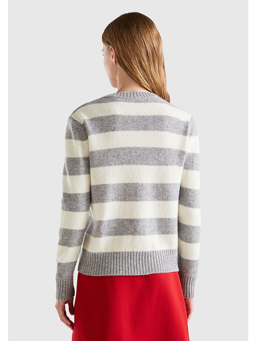 Kadın Gri Melanj %100 Yün Çizgili Shetland Hırka-2