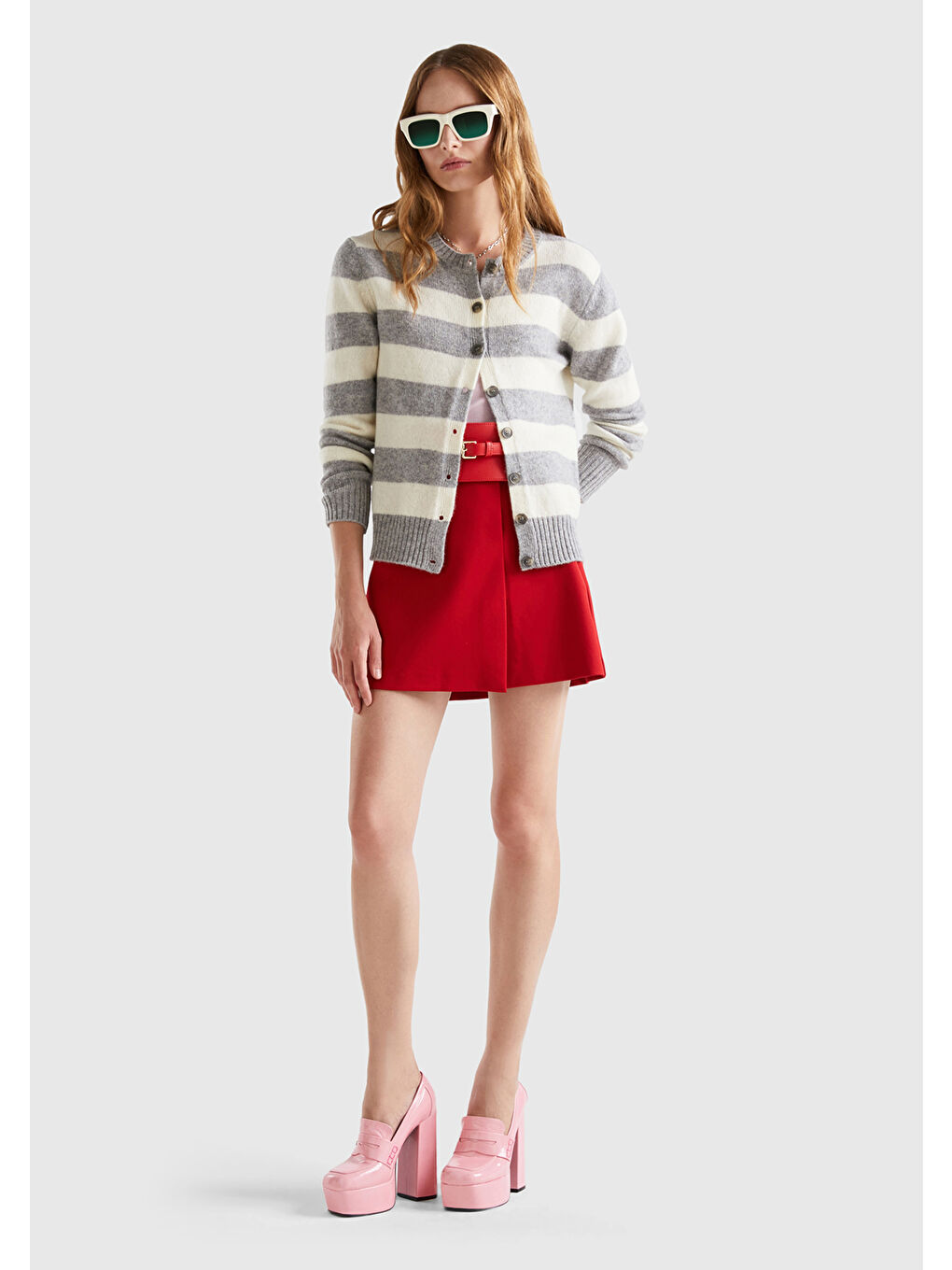 Kadın Gri Melanj %100 Yün Çizgili Shetland Hırka-4