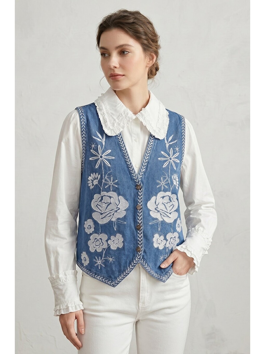 Mavi Kadın V Yaka Çiçek Nakışlı Düğmeli Denim Yelek-2