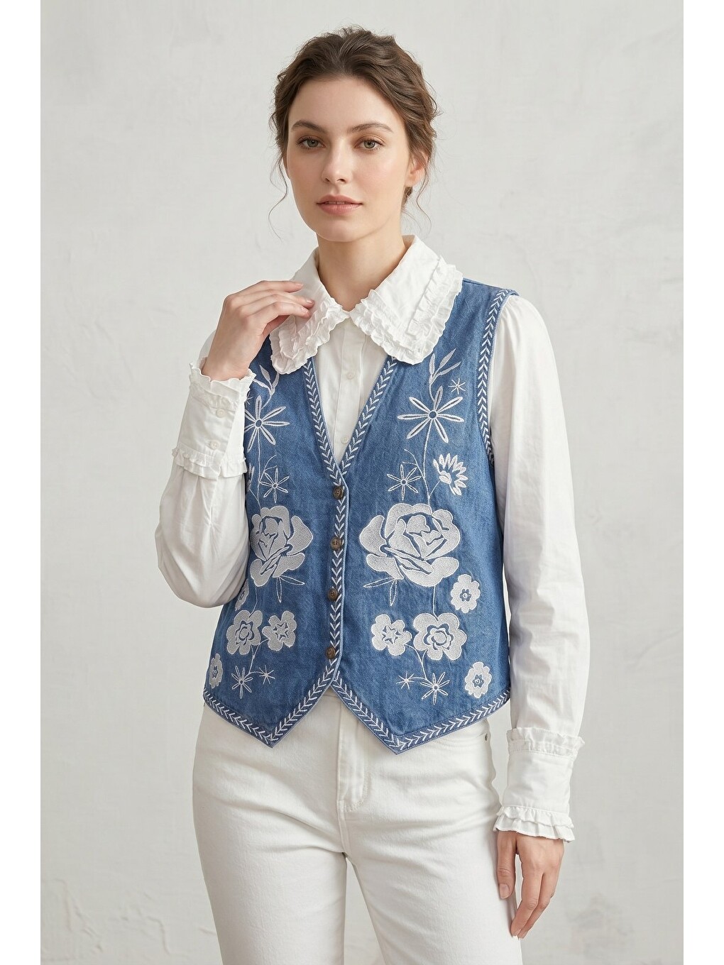 Mavi Kadın V Yaka Çiçek Nakışlı Düğmeli Denim Yelek-5