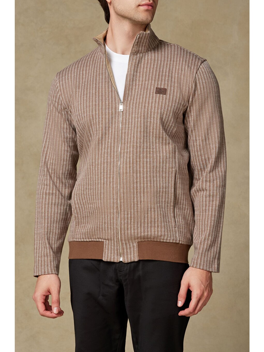 Edon Örme Kumaş Pamuklu Modern Fit Kahverengi Dik Yaka Erkek Çizgili Sweatshirt