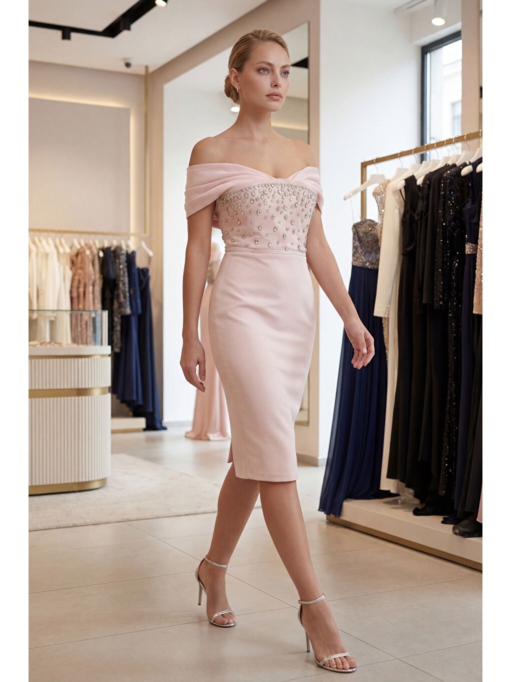 Pembe Kadın Pudra Kayık Yaka Taşlı Midi Söz Nişan Nikah Abiye Elbise-4