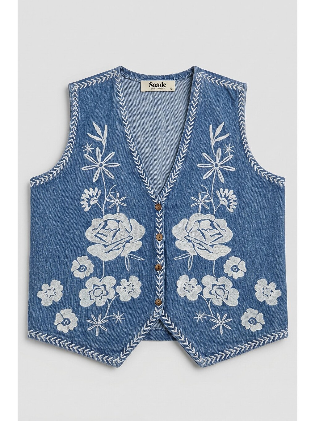 Mavi Kadın V Yaka Çiçek Nakışlı Düğmeli Denim Yelek-6