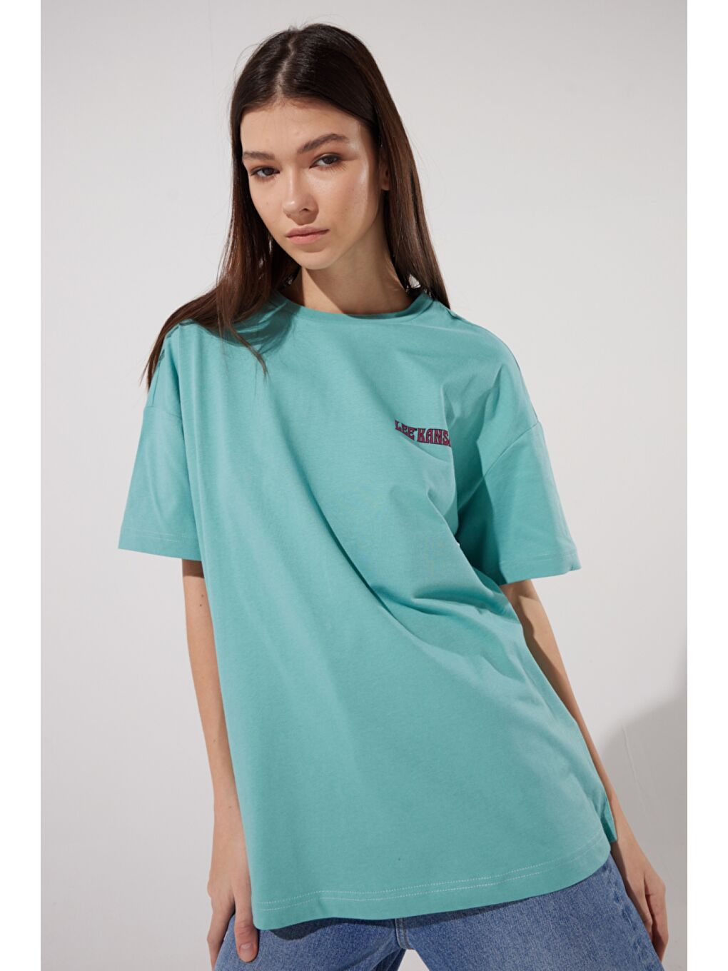 Loose Fit Rahat Kesim %100 Pamuk Bisiklet Yaka Mint Yeşili Tişört-1