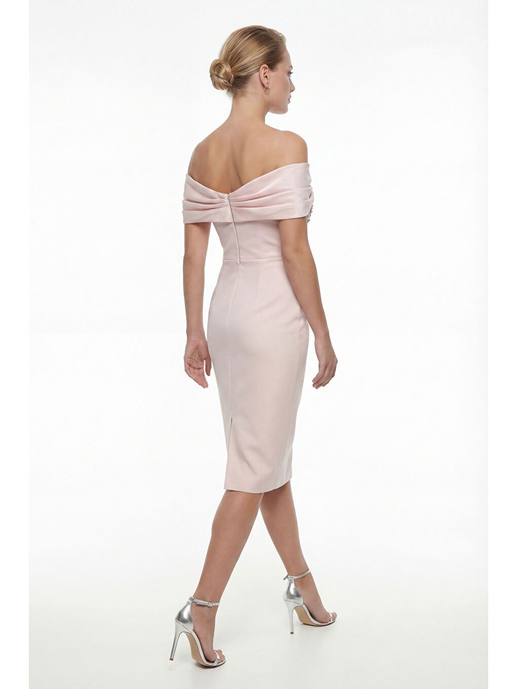Pembe Kadın Pudra Kayık Yaka Taşlı Midi Söz Nişan Nikah Abiye Elbise-5