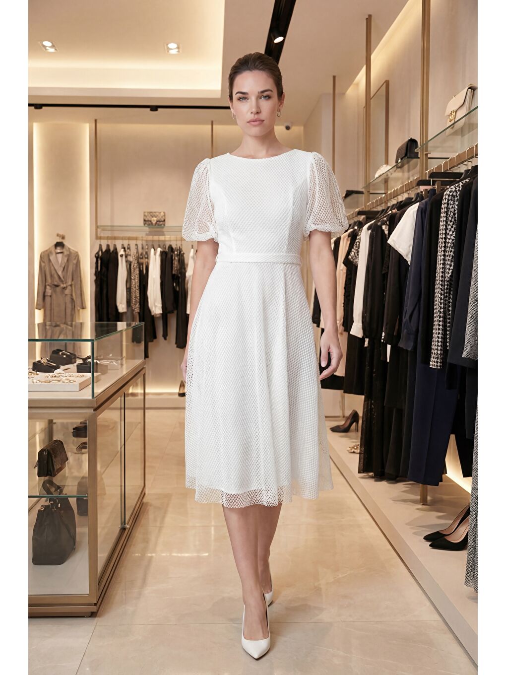 Kadın Beyaz Balon Kol File Kumaş Detaylı Midi Kloş Abiye Elbise-4