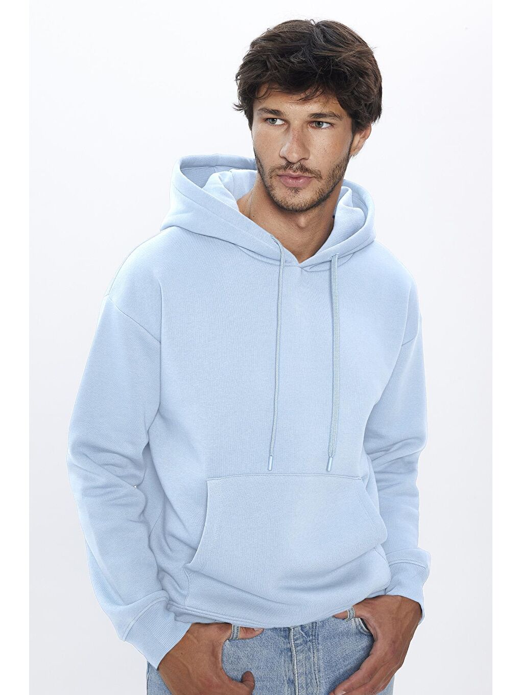 Unisex Oversize Geniş Kesim Pamuklu Yumuşak Dokulu İçi Polarlı Basic Mavi Kapüşonlu Sweatshirt