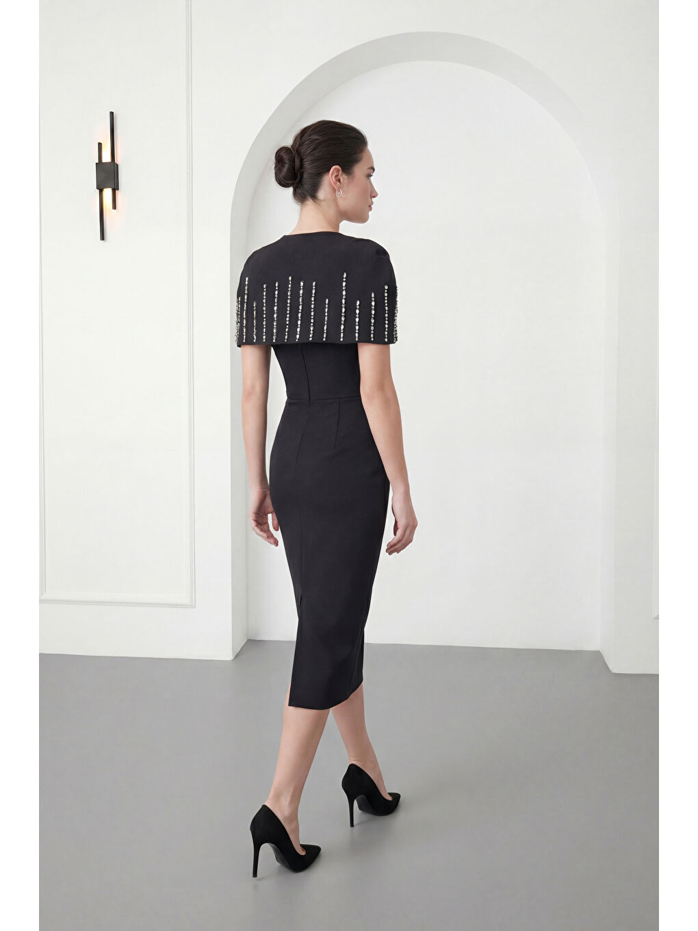 Kadın Siyah Dar Kalıp Ceketli Taşlı Midi Söz Nişan Nikah Abiye Elbise-5