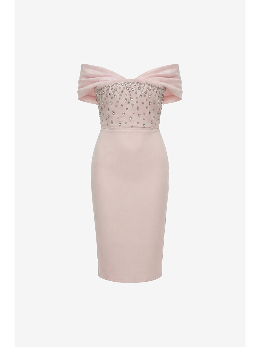 Pembe Kadın Pudra Kayık Yaka Taşlı Midi Söz Nişan Nikah Abiye Elbise-6