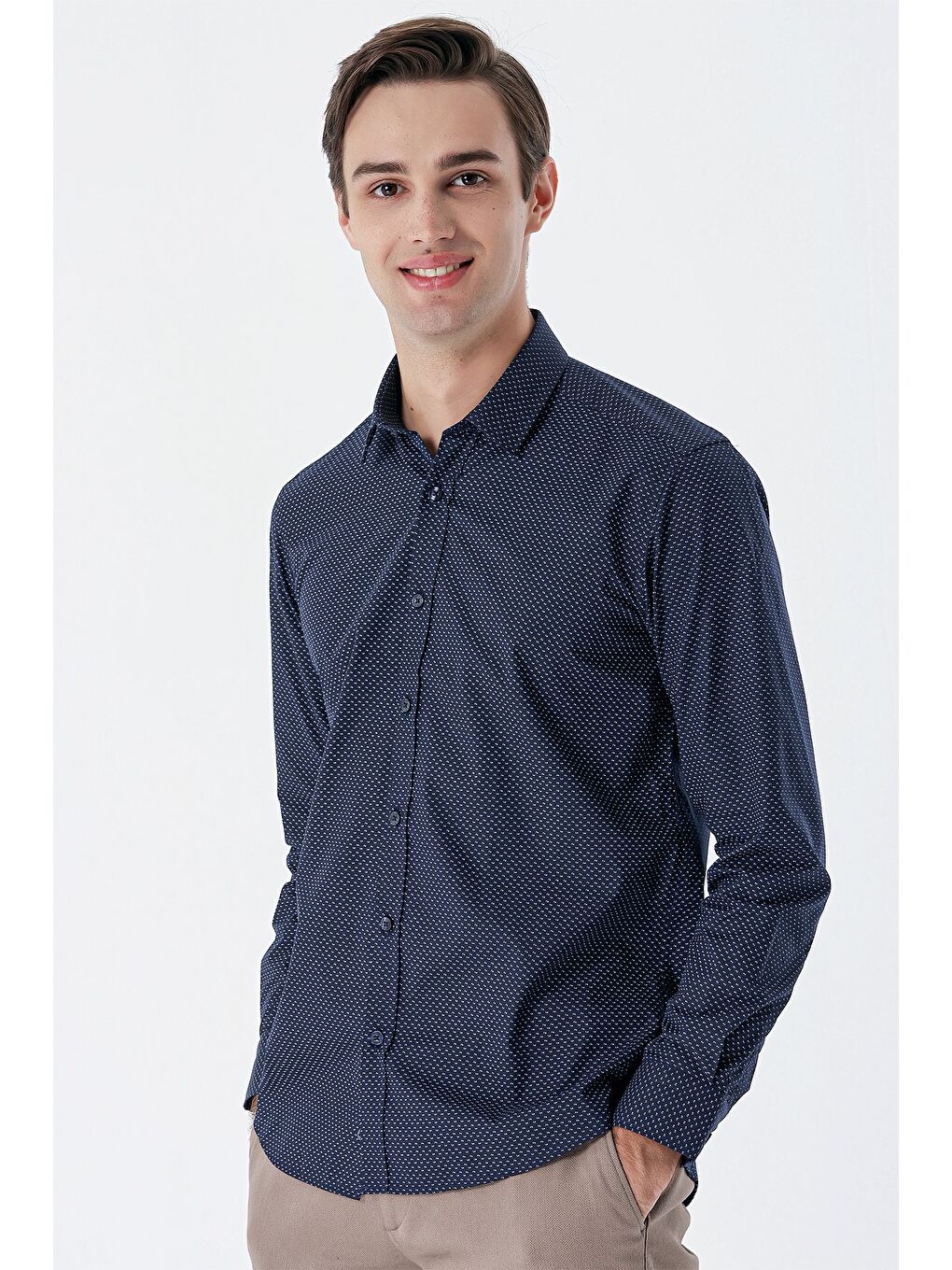 Koyu Lacivert Uzun Kollu Baskılı Cepsiz Pamuklu Klasik Slim Fit Gömlek 1004235146