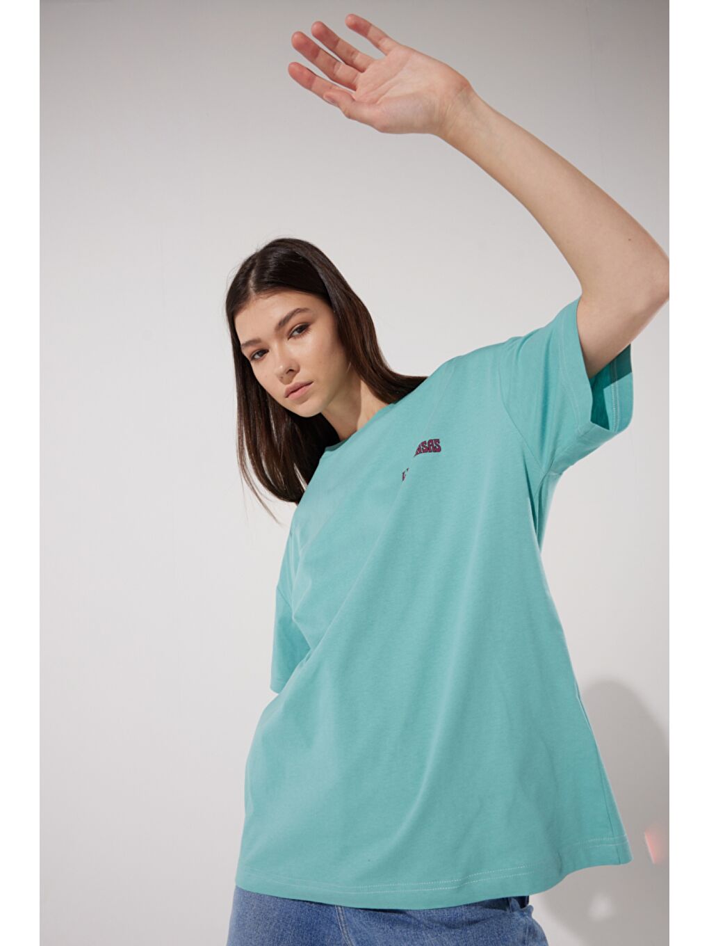 Loose Fit Rahat Kesim %100 Pamuk Bisiklet Yaka Mint Yeşili Tişört-2