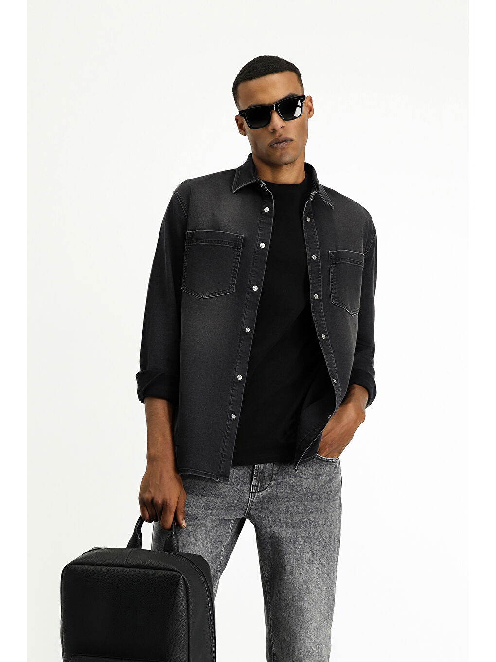 Siyah Uzun Kol Regular Fit Denim Pamuklu Gömlek-1