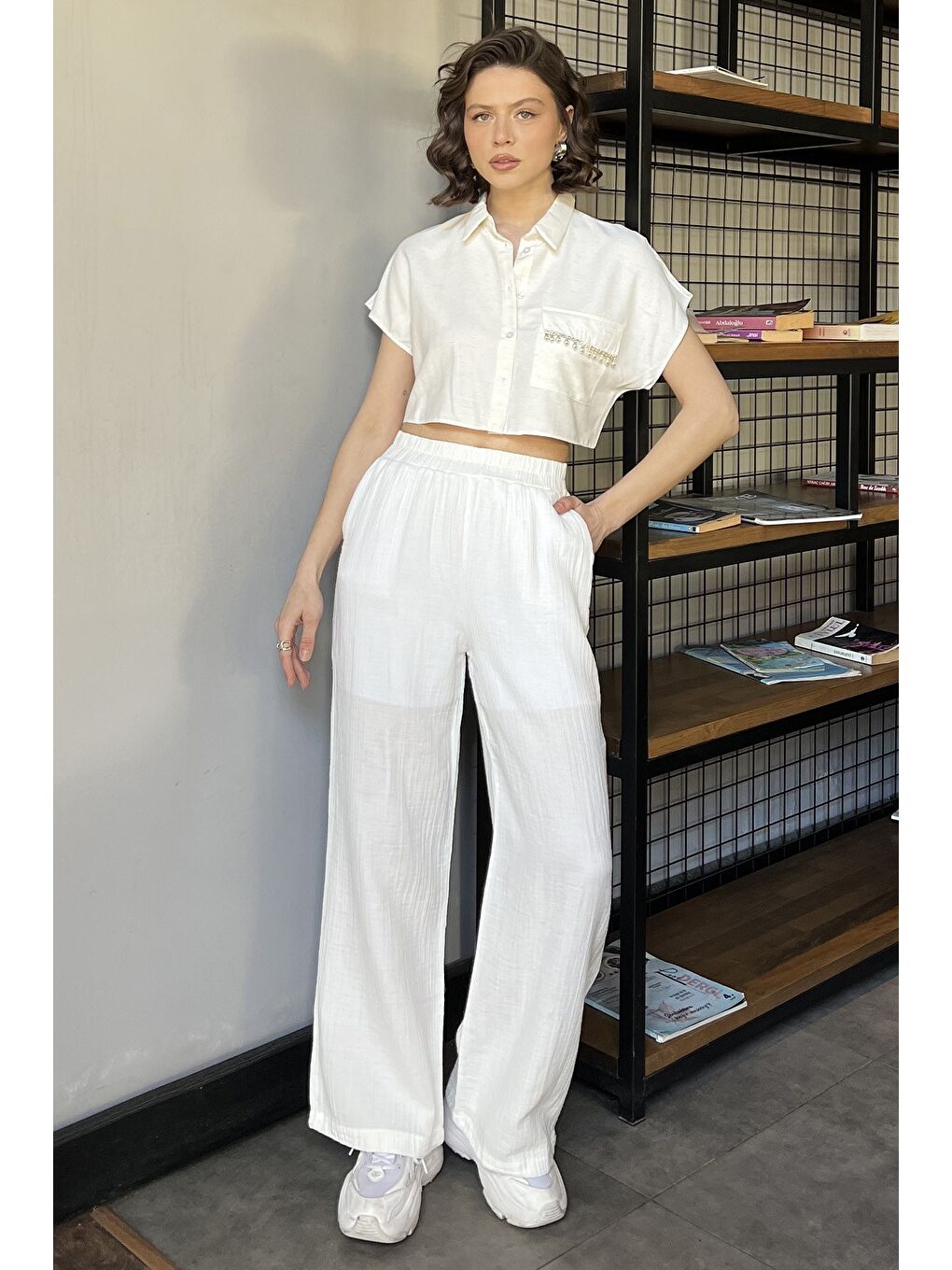 Ekru Kadın Bel Lastikli Bol Paça Pantolon