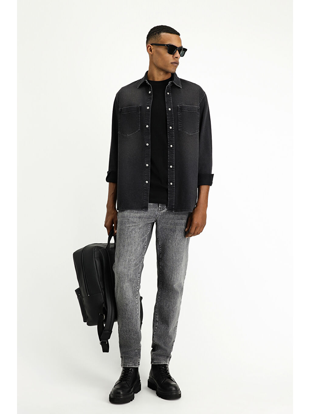 Siyah Uzun Kol Regular Fit Denim Pamuklu Gömlek-2