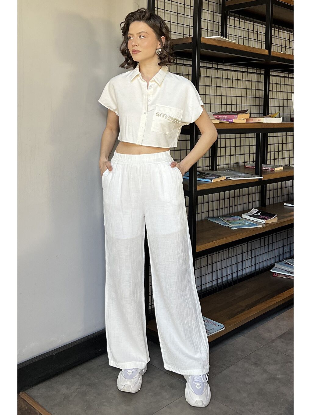 Ekru Kadın Bel Lastikli Bol Paça Pantolon-1